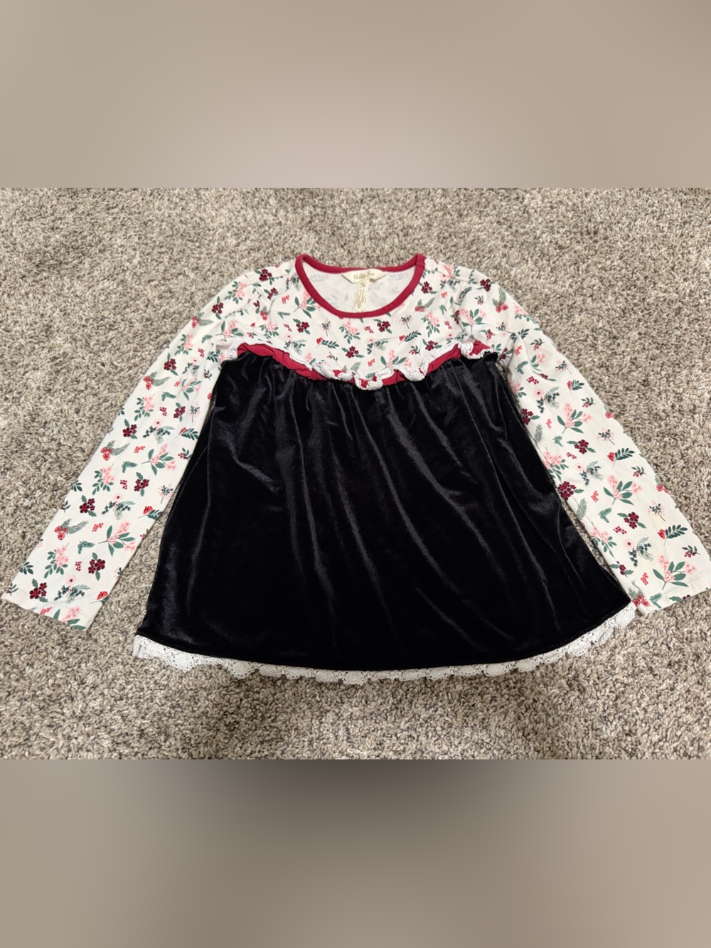 Matilda Jane Black Velvet and Floral Long Sleeve Top with Red Trim